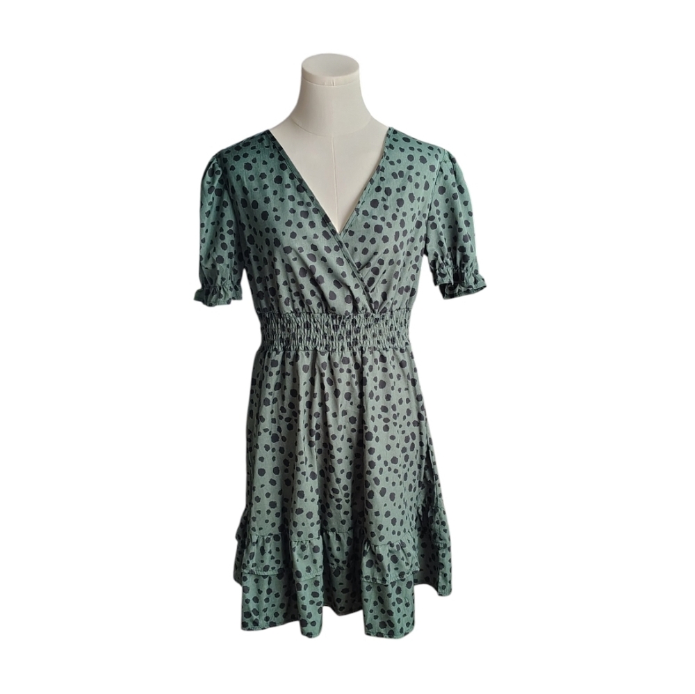 Shein Lightweight Deep Green Black Leopard Print Ruffled Dress Size Large